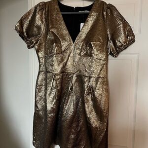 LOFT Metallic Gold V-Neck Puff Sleeve Dress